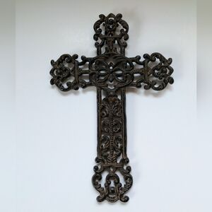 Vintage Rustic Cast Iron Cross Ornate Antique Black Finish Metal Wall Decor